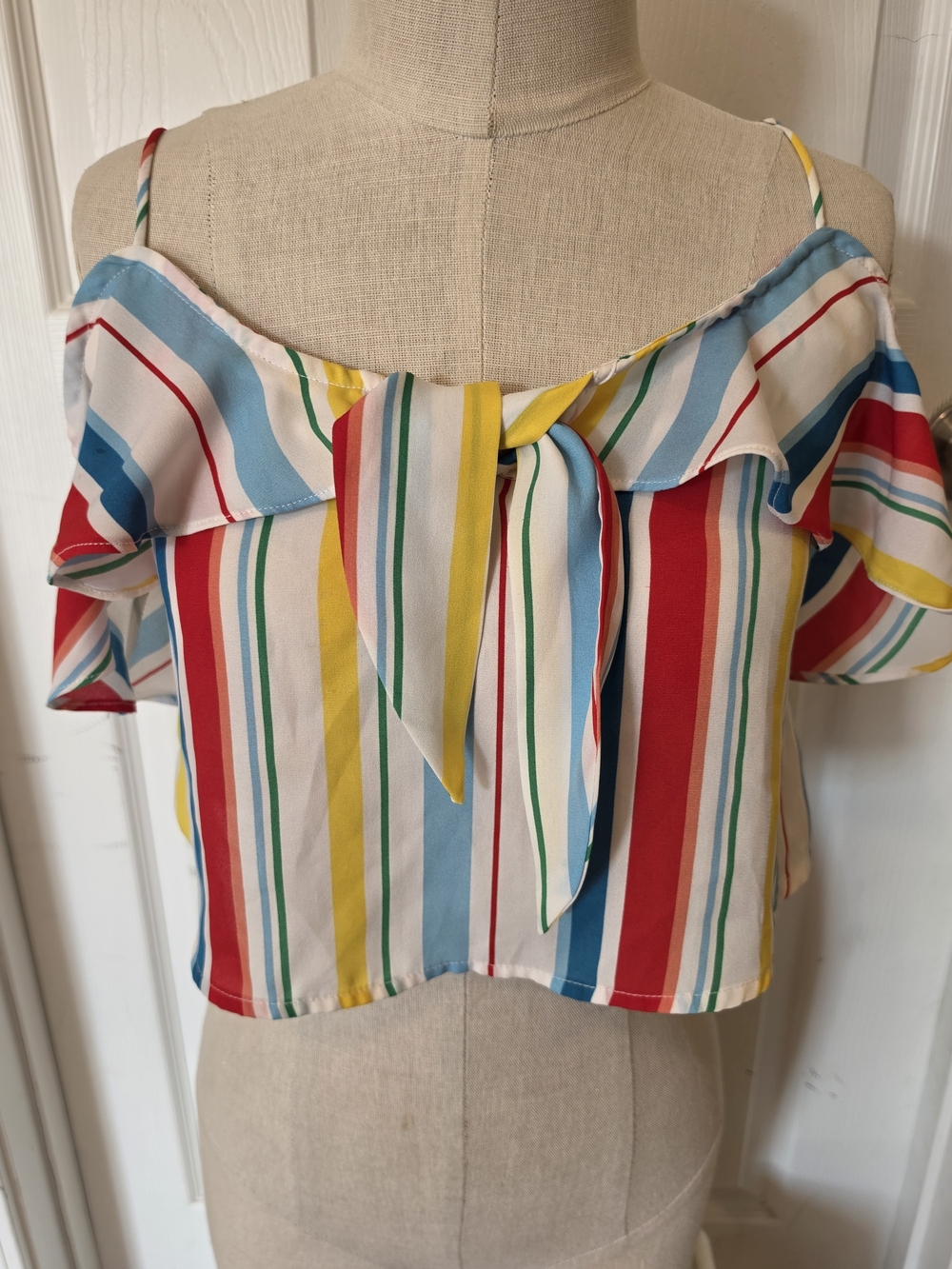 Striped Tie-Front Cold Shoulder Women's Top - Multi Size XS